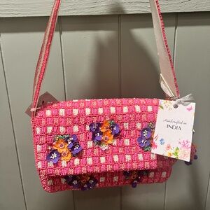 Handcrafted Pink Beaded Shoulder Bag with Floral Embellishments